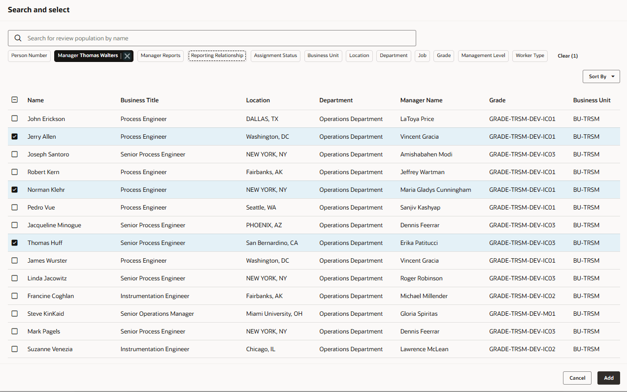 マネージャ・フィルタが適用された検索および選択パネル