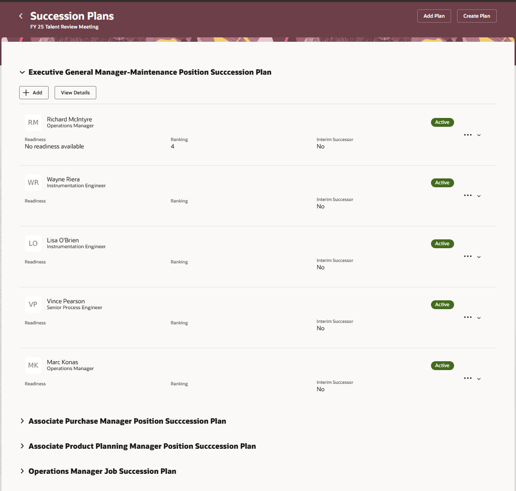 関連付けられている後任プランがリストされた「後任プラン」ページ。 1つの後任プランが展開され、候補者であるメンバーが表示されています。 