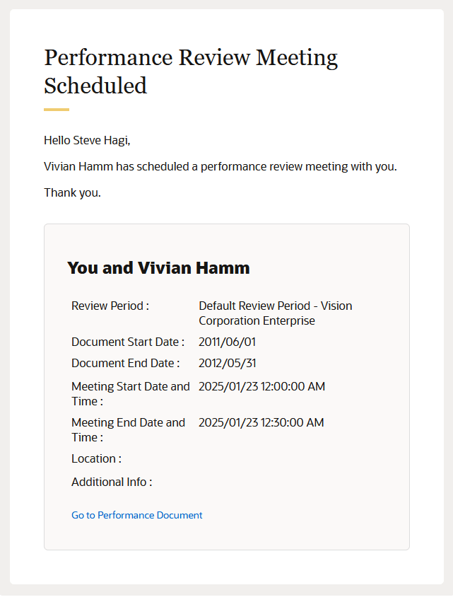 このスクリーンショットは、会議がスケジュールされたときにマネージャおよび従業員に送信されるレビュー通知を示しています。