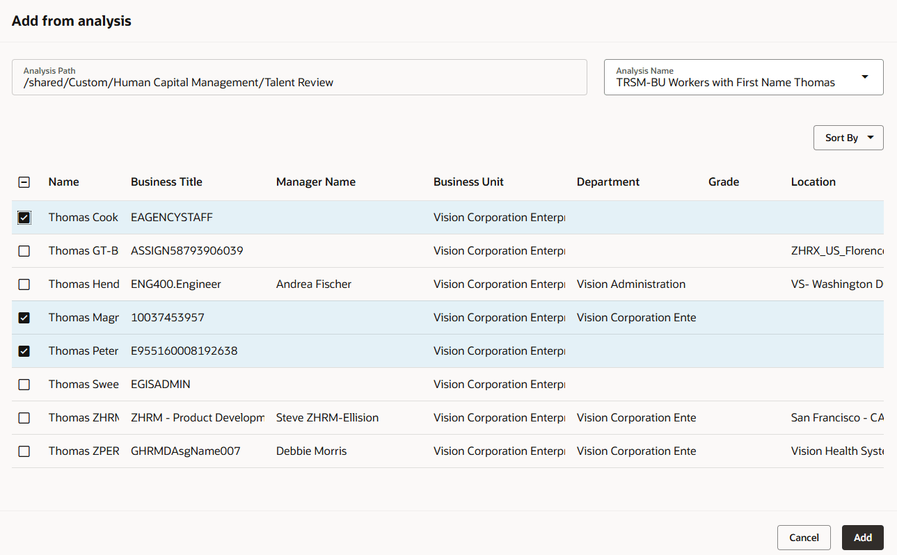 一部の個人が選択された「分析から追加」パネル