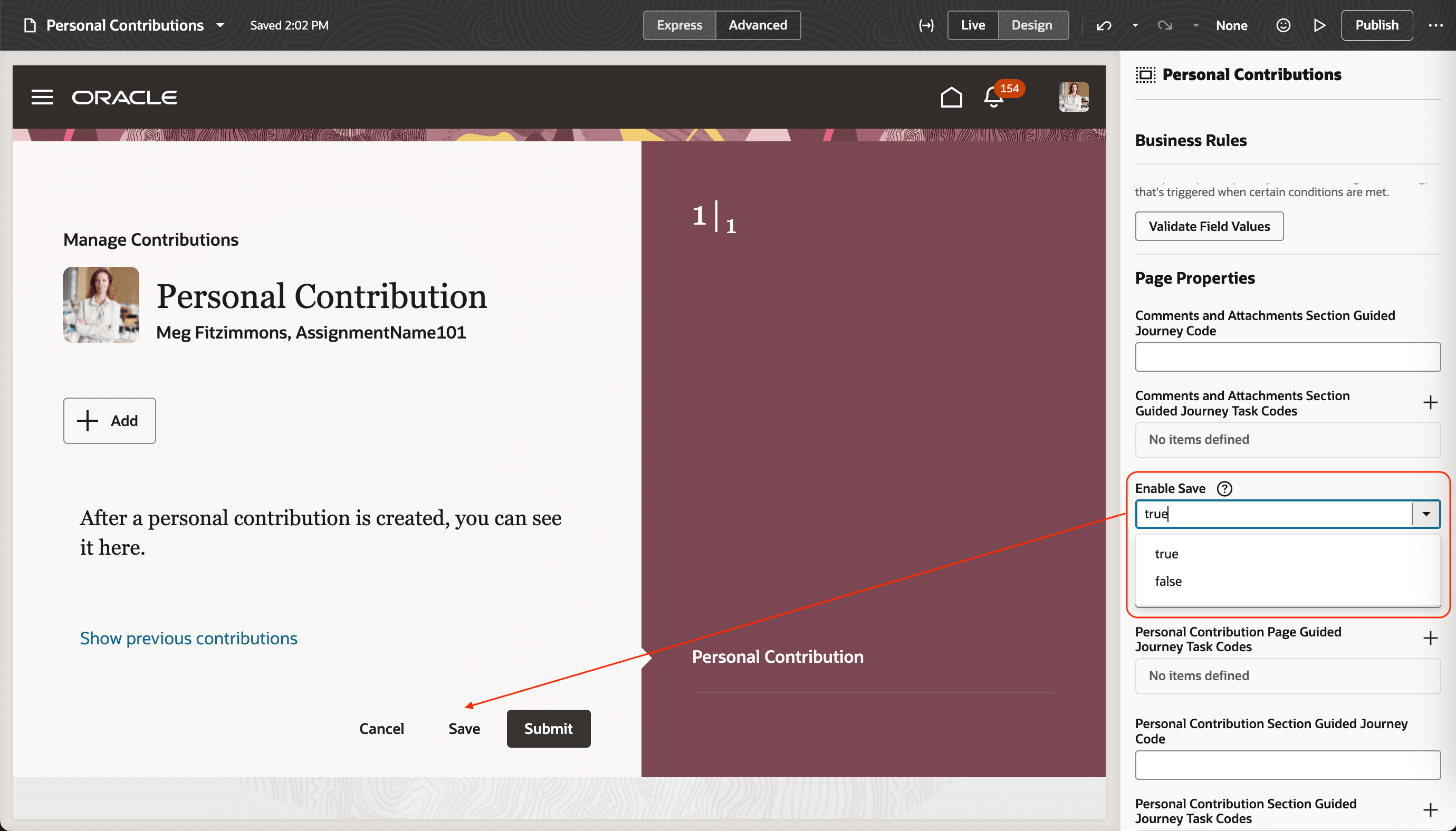 Visual Builder StudioでPersonal ContributionページのEnable Saveを「true」に設定する様子