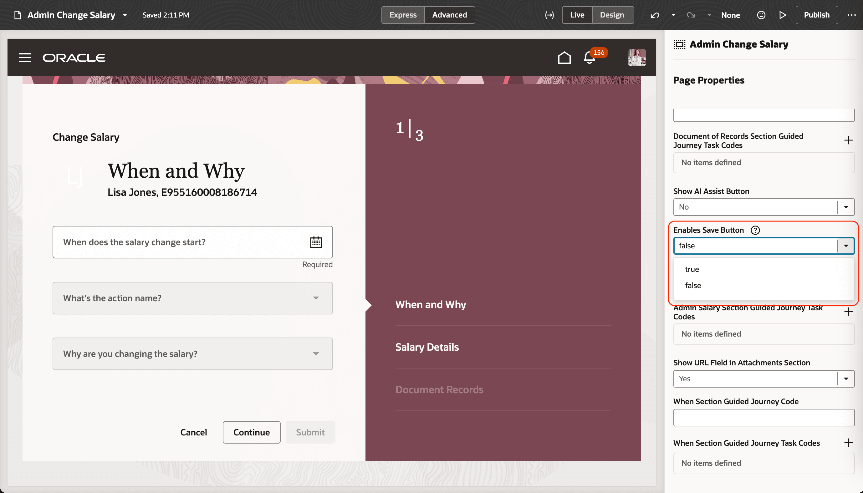 Visual Builder StudioでAdmin Change SalaryページのEnable Saveを「false」に設定する様子