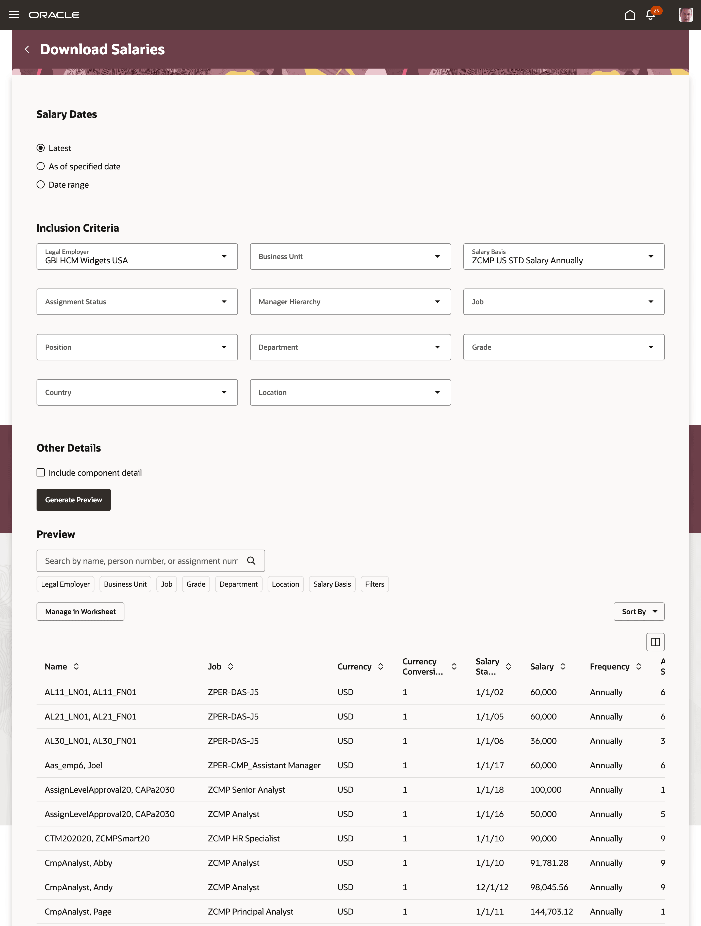 Redwood「給与のダウンロード」ページでの基準のプレビュー