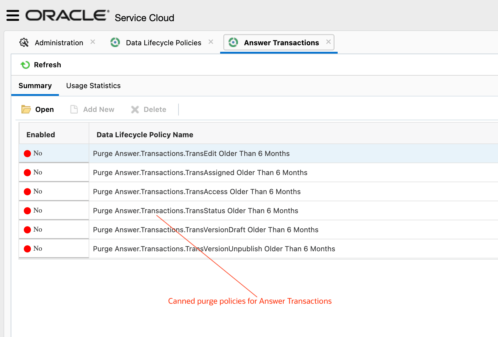 アンサー・トランザクションのポリシーのパージ