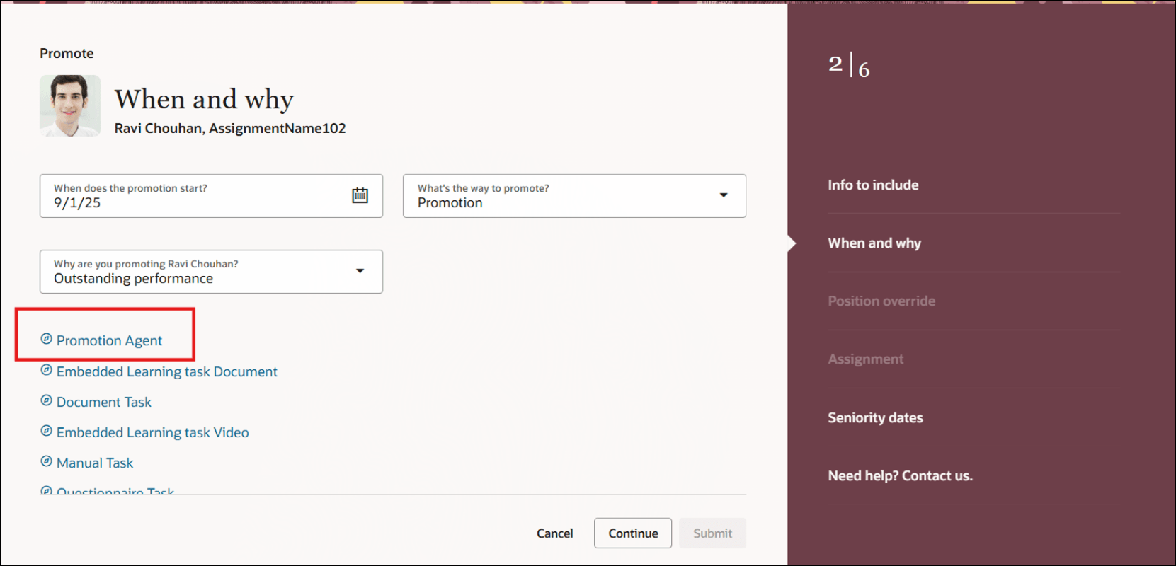 UIページのセクション・レベルで表示されるエージェント・タスク