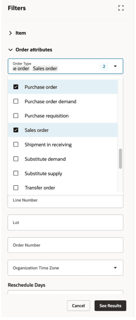 LOV列を表示するフィルタ・ドロワー(オーダー・タイプ)