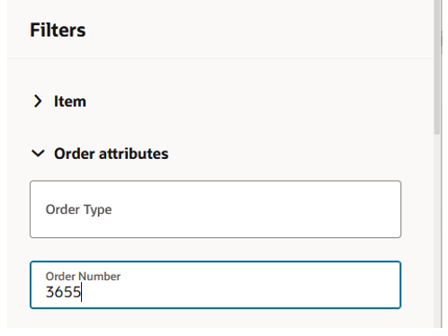 フリー・テキスト列を示すフィルタ・ドロワー(オーダー番号)
