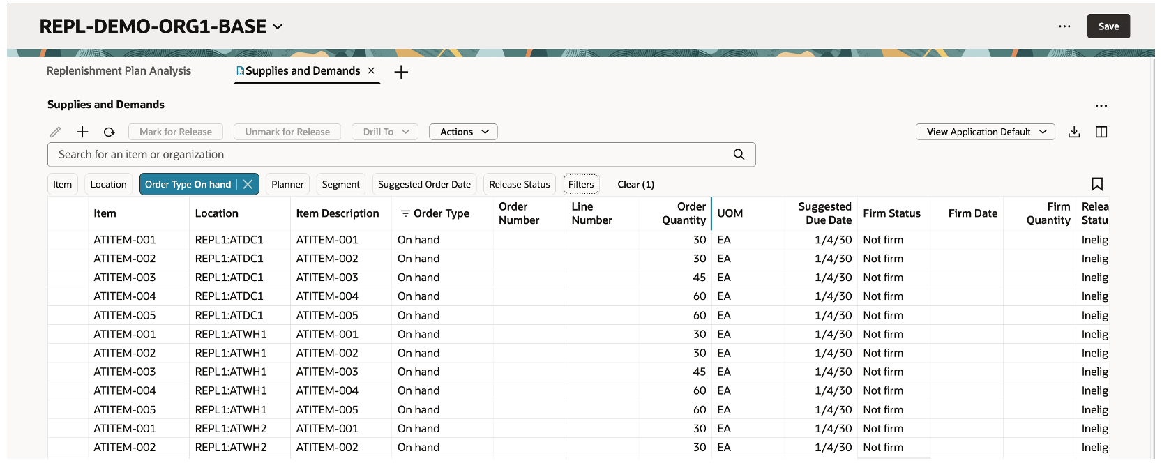手持オーダー・タイプの適用済フィルタを含む供給および需要ページ