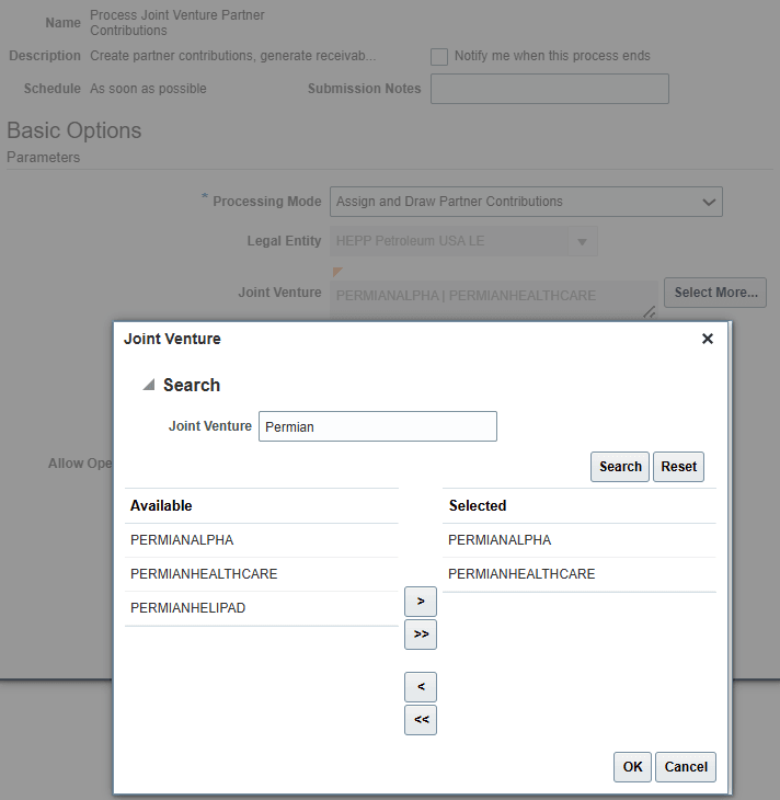 複数の合弁企業を選択してパートナ拠出金を処理
