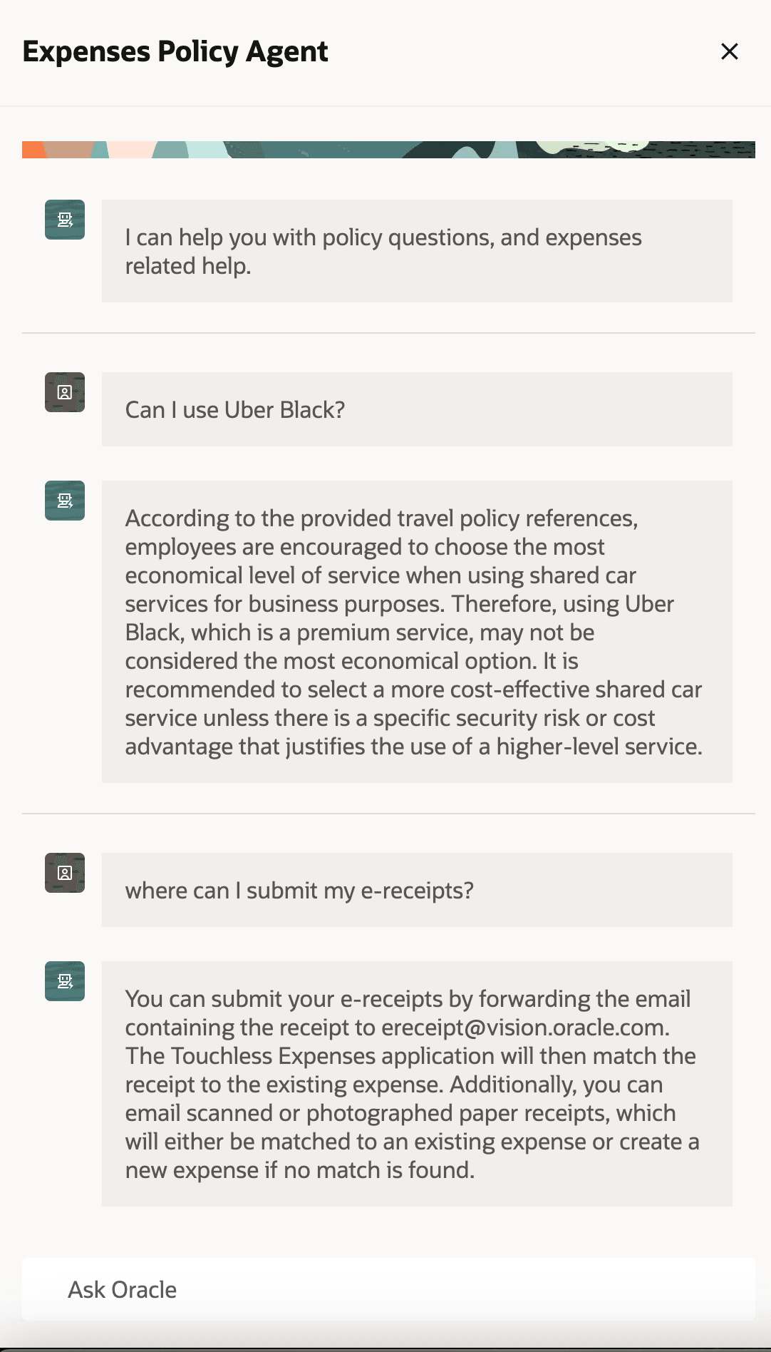 経費ポリシー・エージェントがポリシーおよびアプリケーションの質問に回答