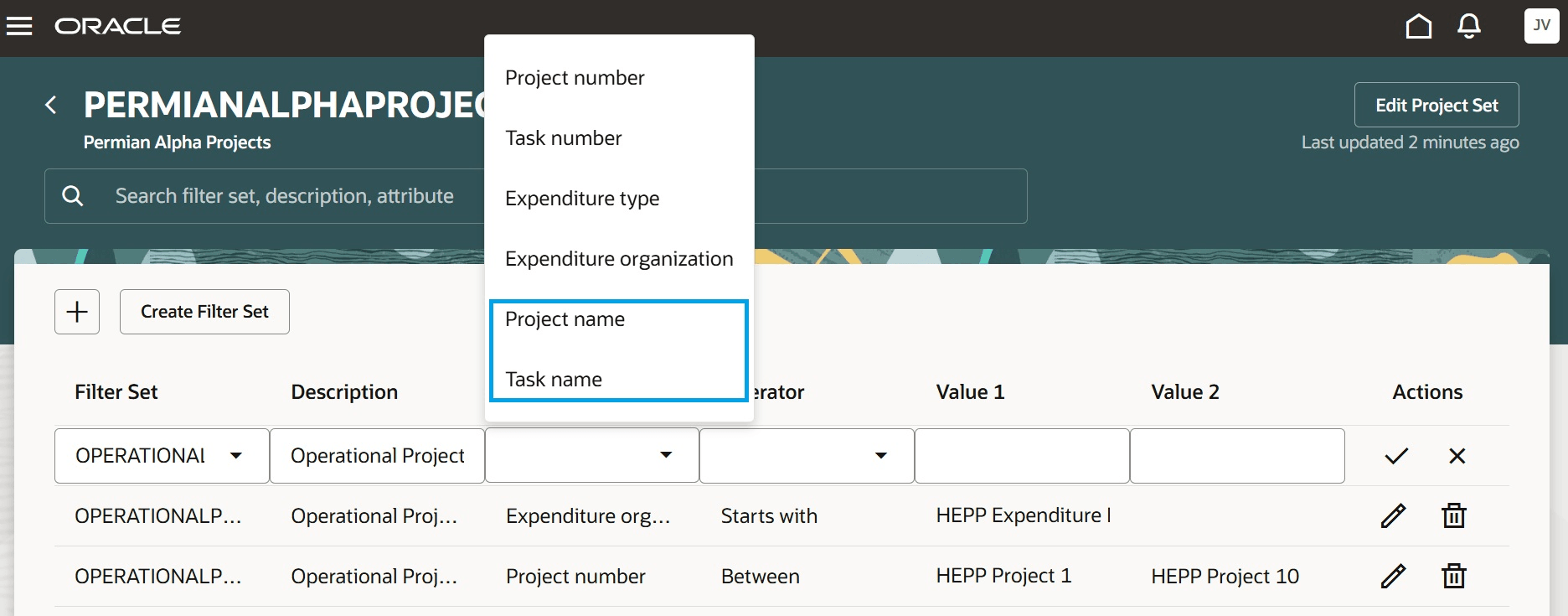 合弁企業プロジェクト・セットの属性プロジェクト名およびタスク名
