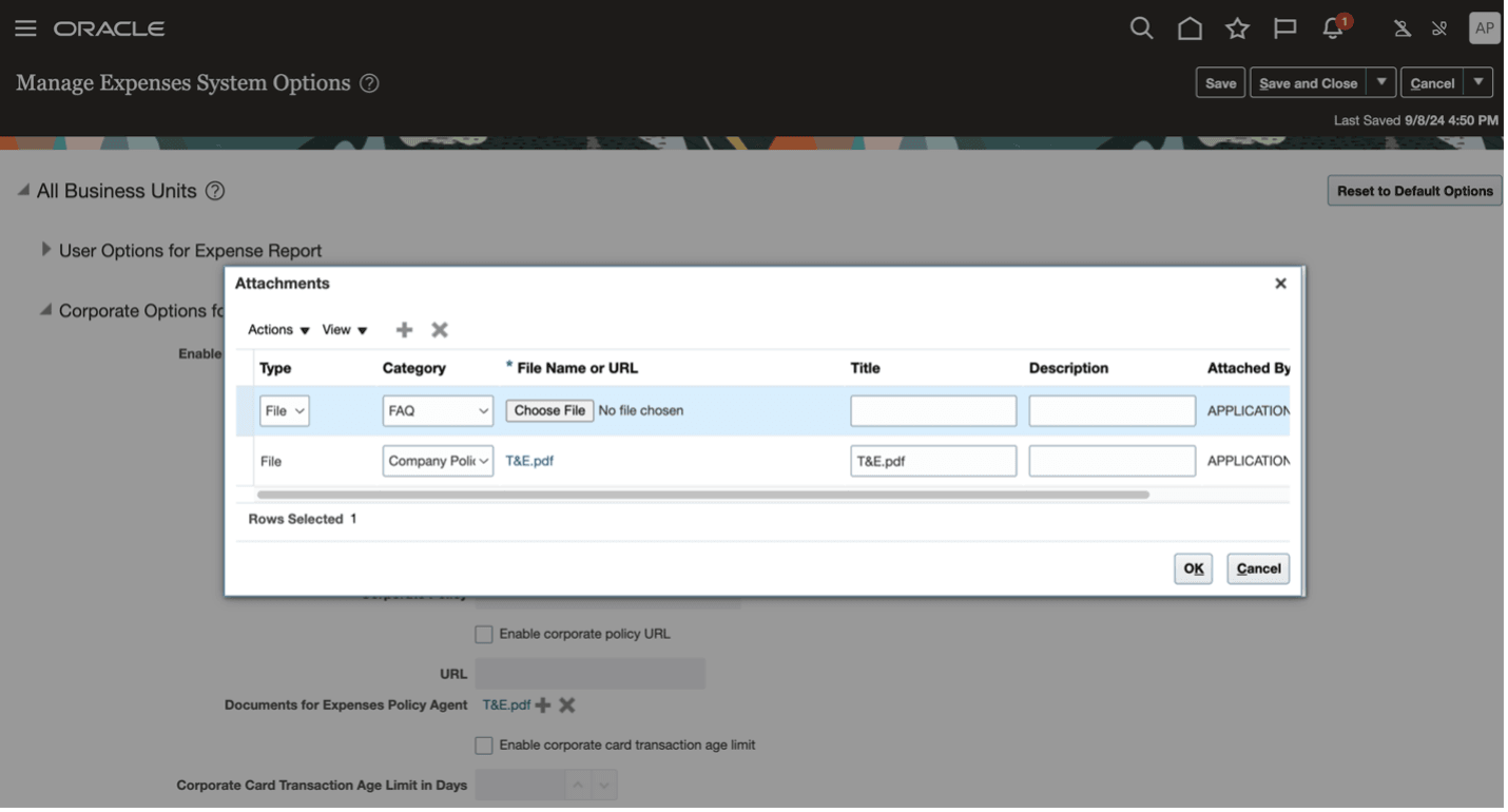  「経費システム・オプションの管理」ページの「経費ポリシー・エージェント」オプション