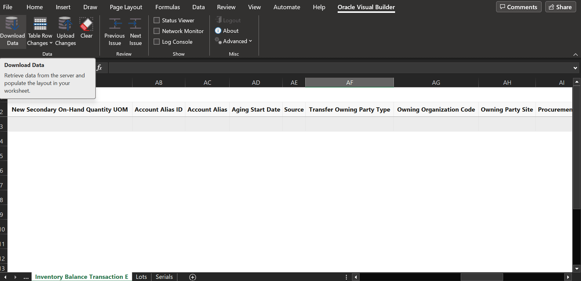 エラー管理ダウンロードの在庫残高メッセージ