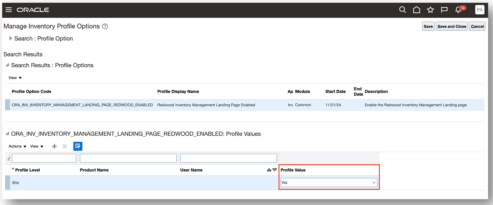 在庫プロファイル・オプションの管理