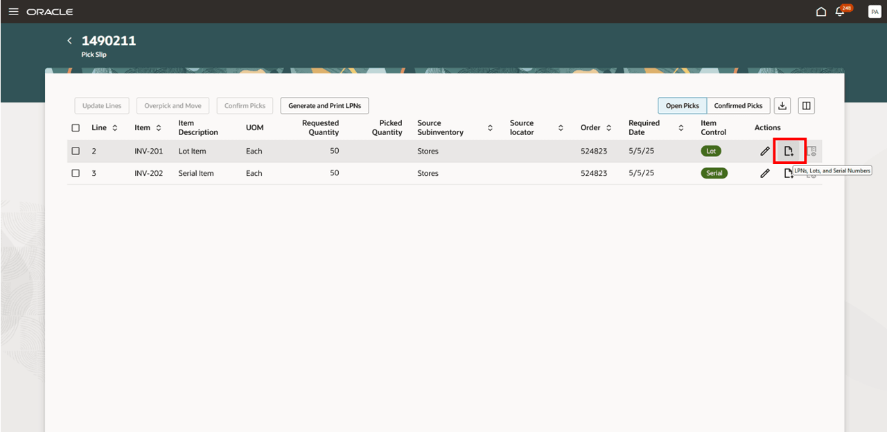 「ピックの確認」ページの「LPN、ロットおよびシリアル番号の選択」処理