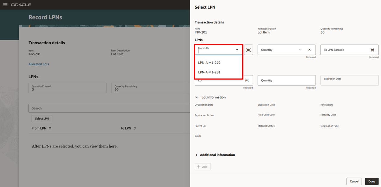 ピック明細でのLPNの記録