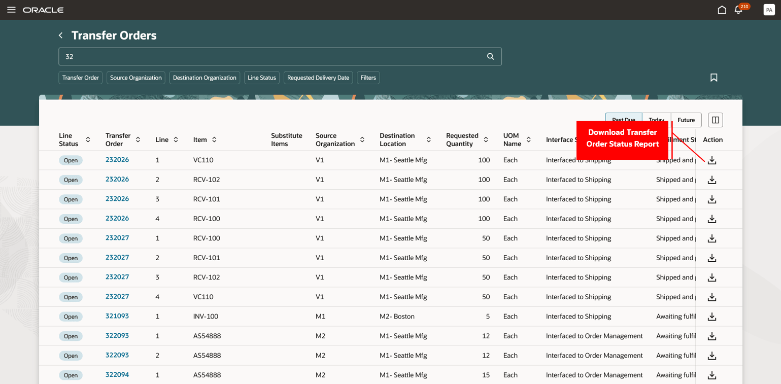 転送オーダー・ステータス・レポートのダウンロード
