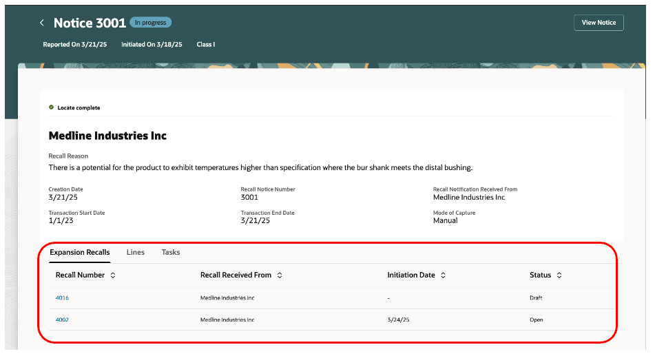 拡張リコールをリストする親リコール通知
