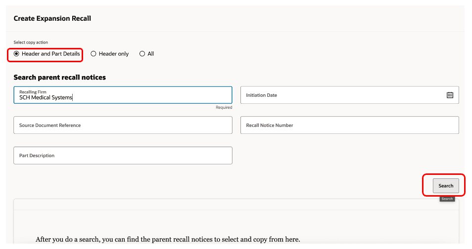 拡張リコールの作成中にコピー・アクションを選択