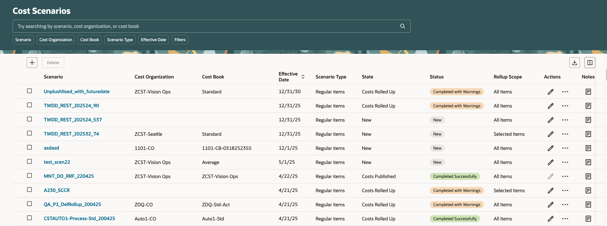 Notesを使用した原価シナリオ