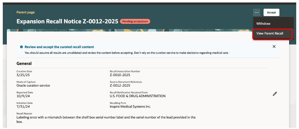 拡張リコールからの親リコールへのナビゲーション