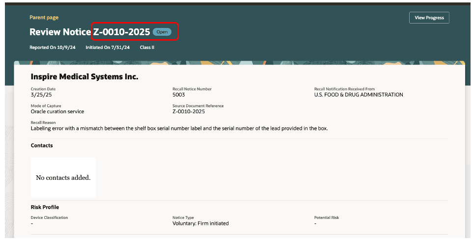 親リコール通知の表示