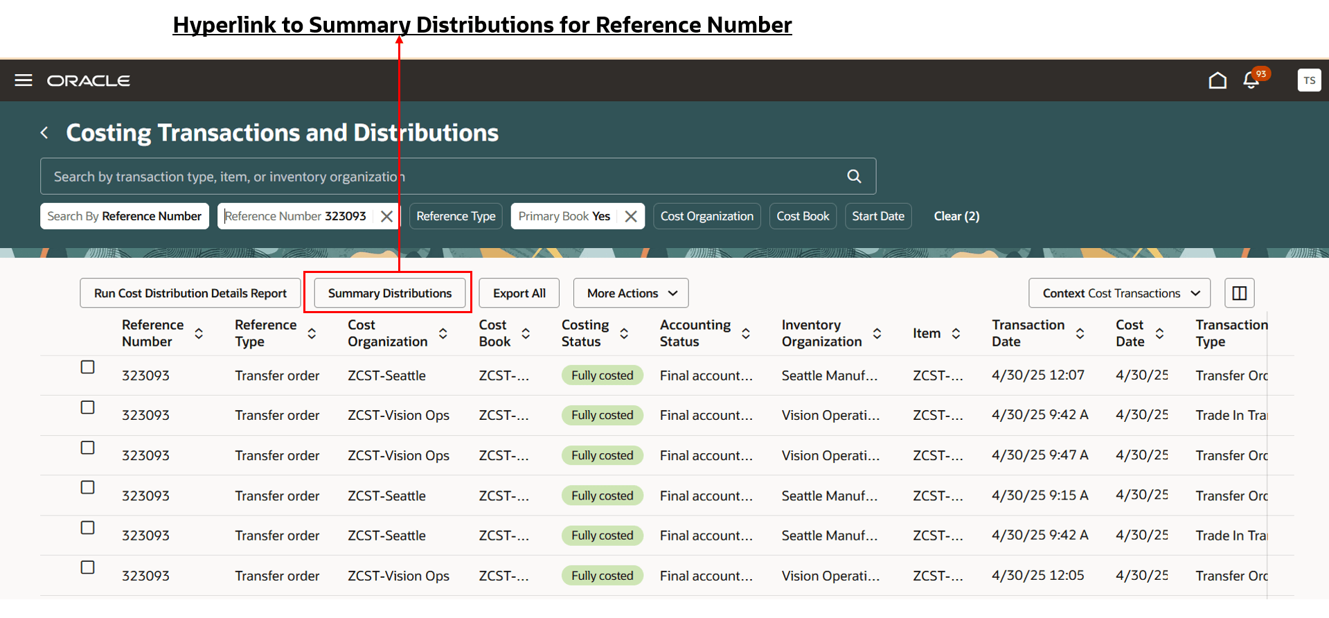 「要約配分」ページへのハイパーリンクが表示されたスクリーンショット
