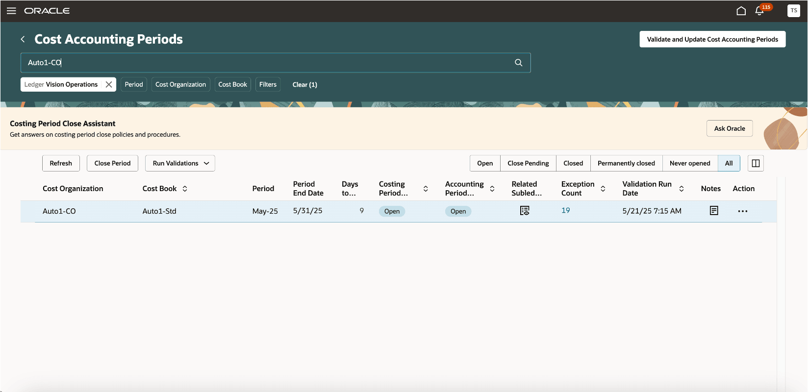 ガイド付きジャーニで原価計算期間クローズ・アシスタントが使用可能