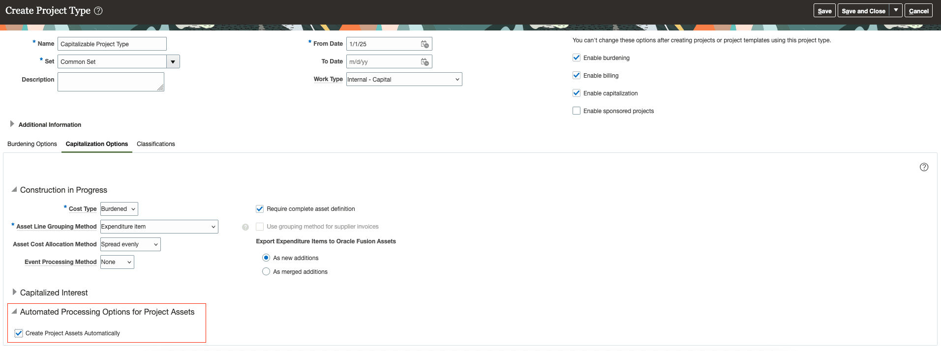 プロジェクト・タイプの管理 - プロジェクト資産の自動作成の有効化