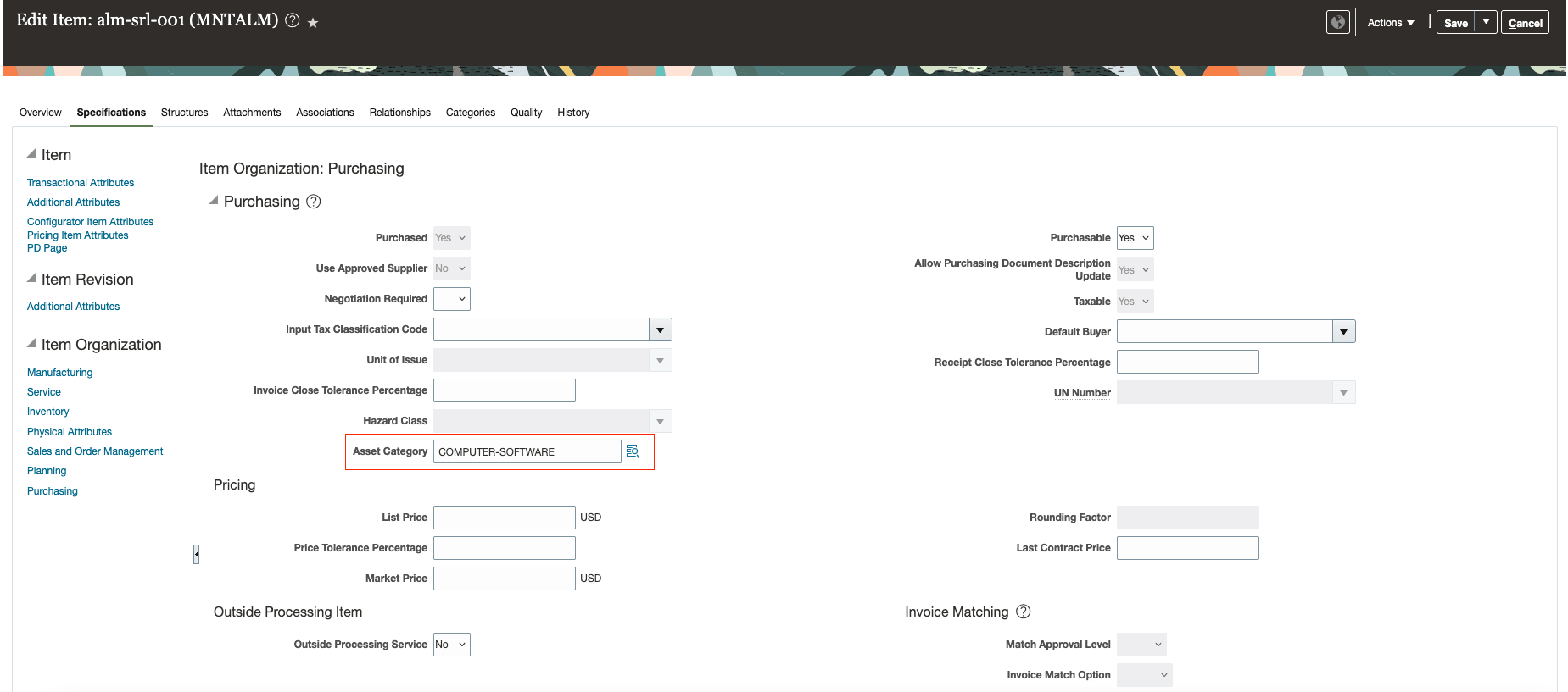 在庫品目の資産カテゴリの定義