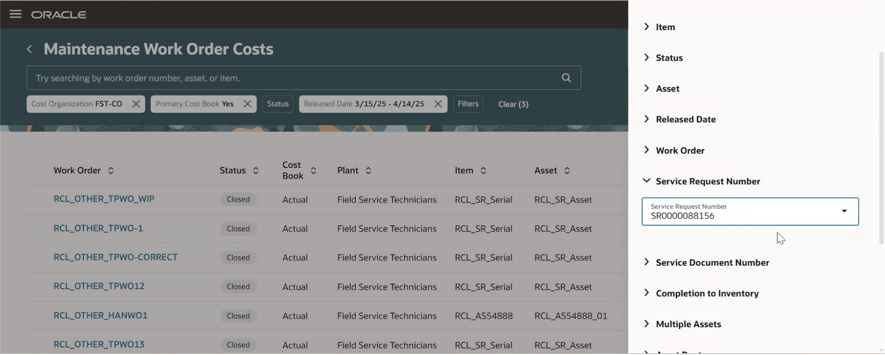 メンテナンス作業オーダー原価ページの新しいフィルタ