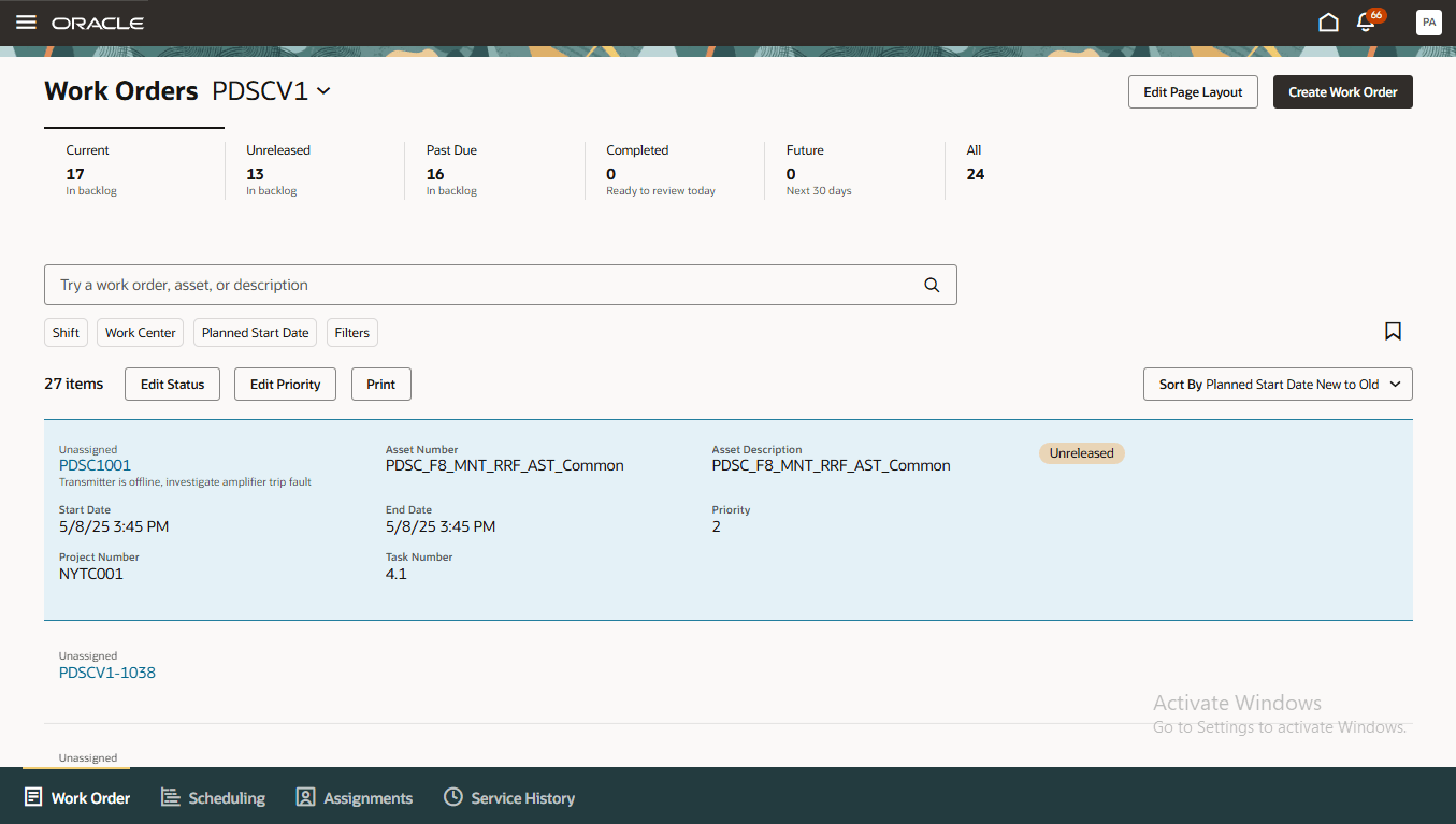 「作業オーダー」タブ(プロジェクト番号およびタスク番号付き)