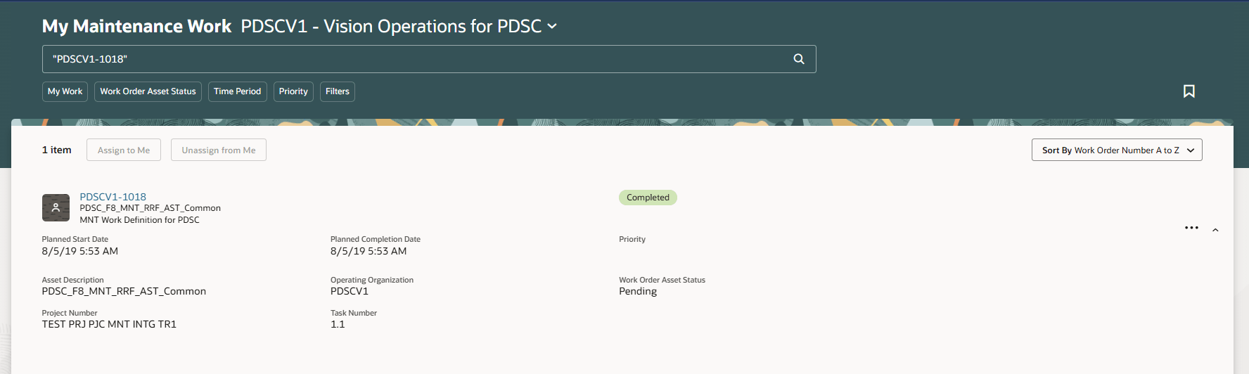 プロジェクトおよびタスク番号の新しい属性を含む「自分のメンテナンス作業」ページ