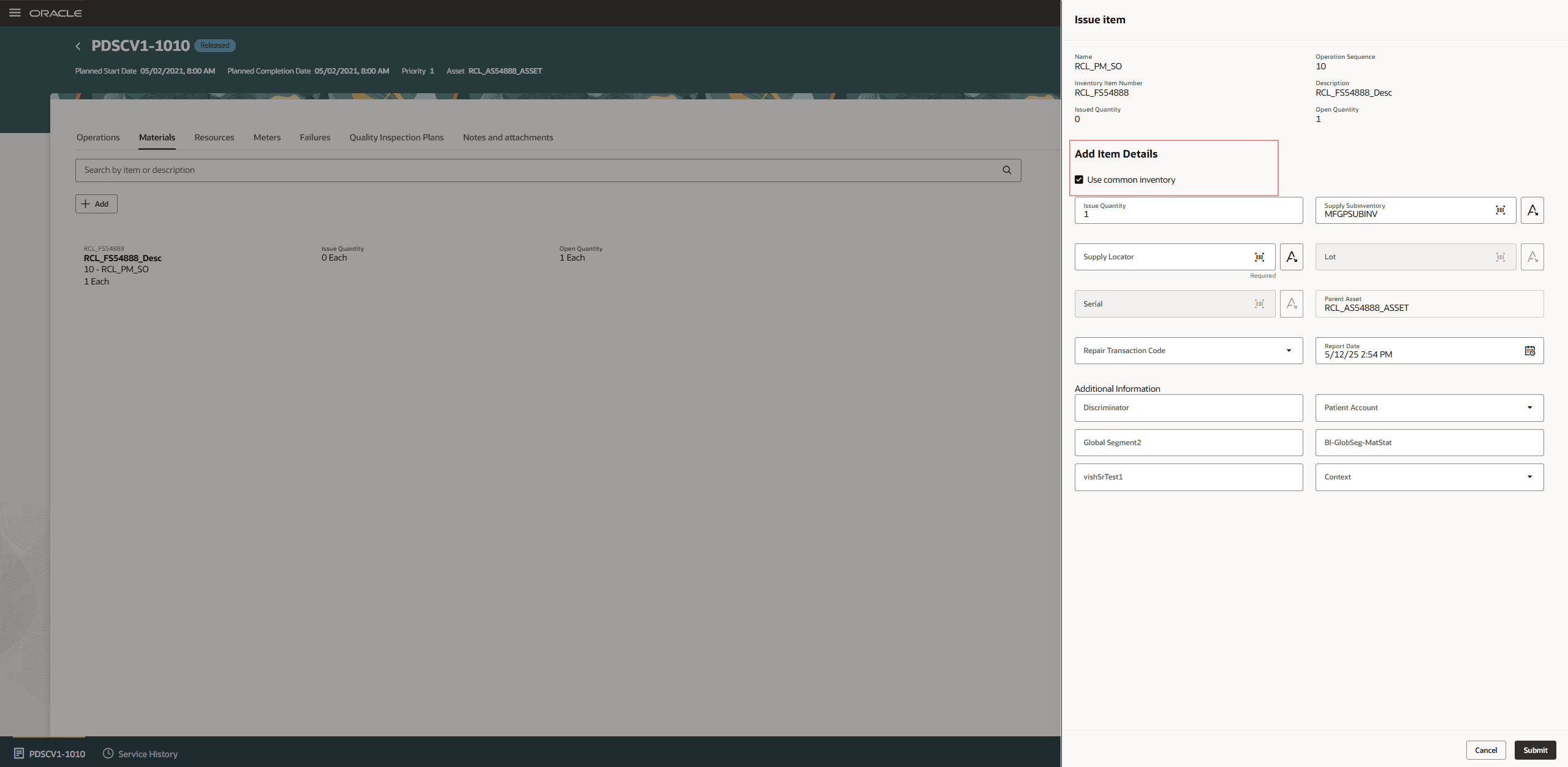 作業実行のプロジェクトおよびタスク番号参照がある「資材」タブ