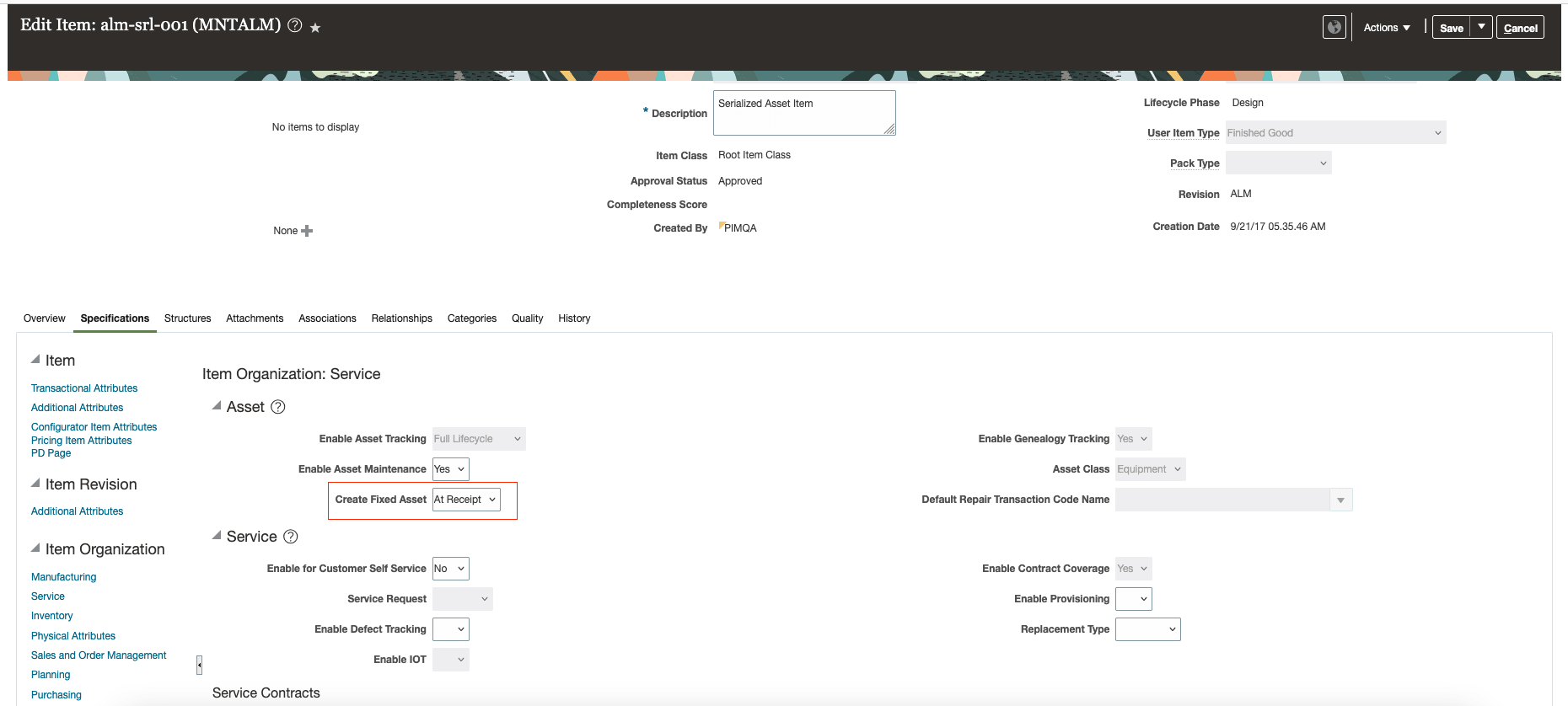 製品情報管理 - 「受入時固定品目の作成」オプションの有効化
