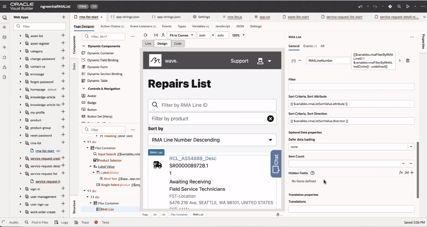 DCS参照テンプレートのRMA修理リスト・コンポーネント