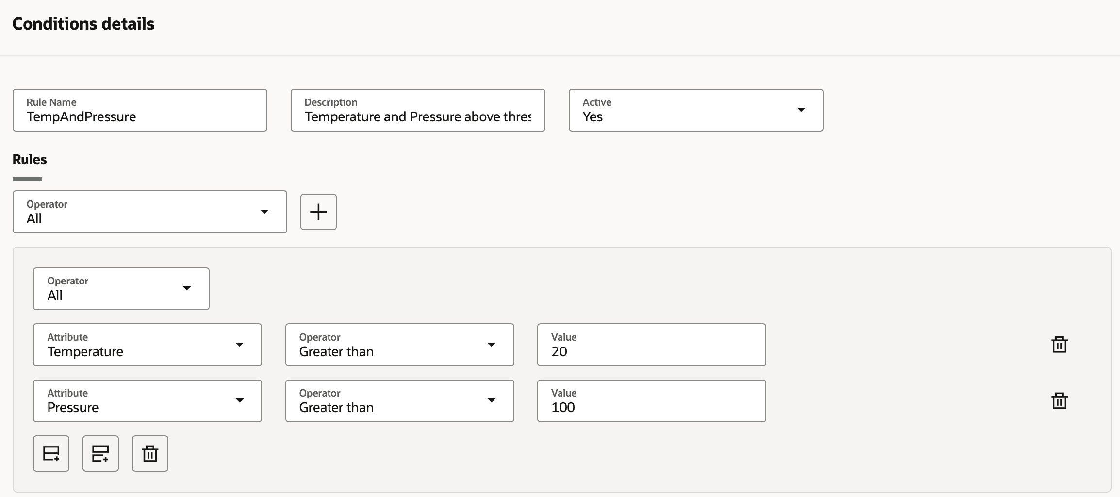 条件の詳細とルールを示すスクリーンショット