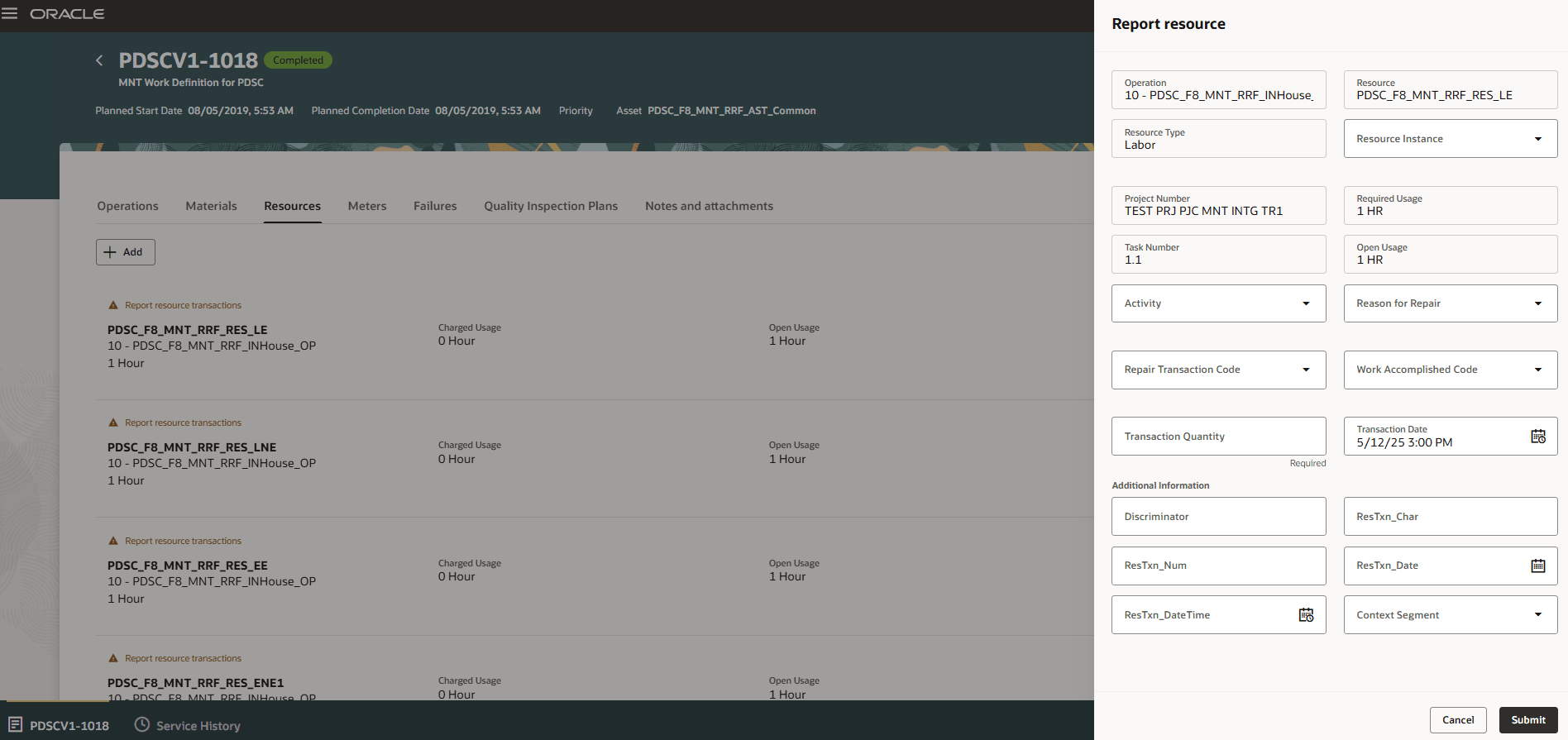作業実行のプロジェクトおよびタスク番号参照がある「リソース」タブ