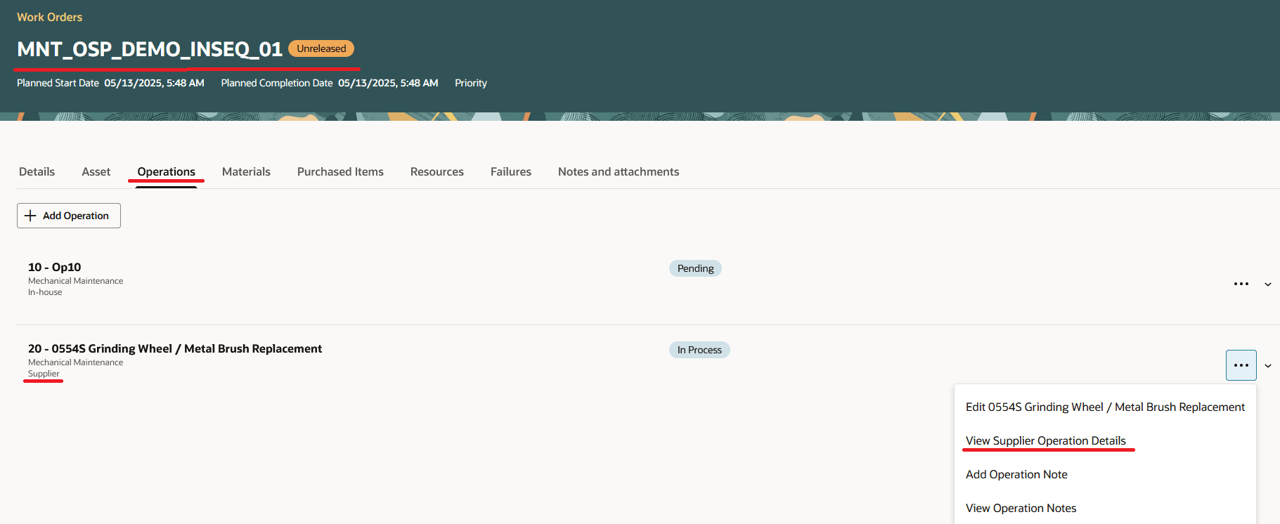 「工程」タブを使用した作業オーダー詳細
