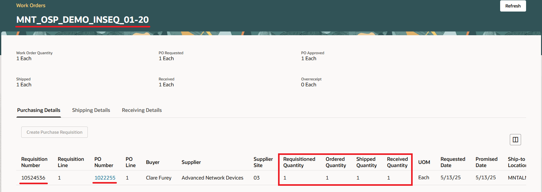 「購買詳細」タブを含む「サプライヤ工程詳細」ページ
