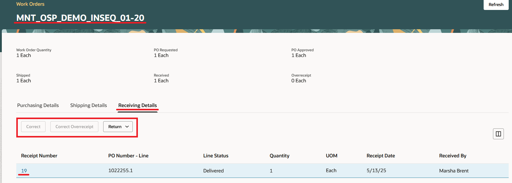 「受入詳細」タブを含む「サプライヤ工程詳細」ページ