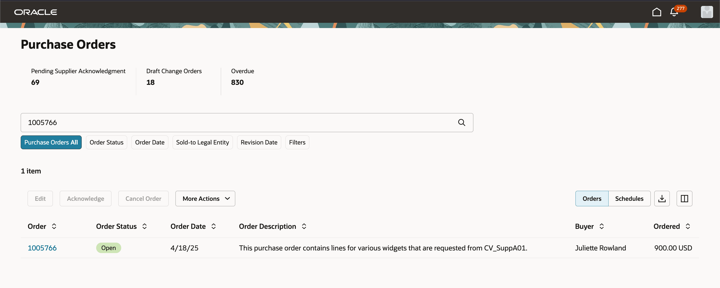 サプライヤの「購買オーダー」ページからのオーダーの表示