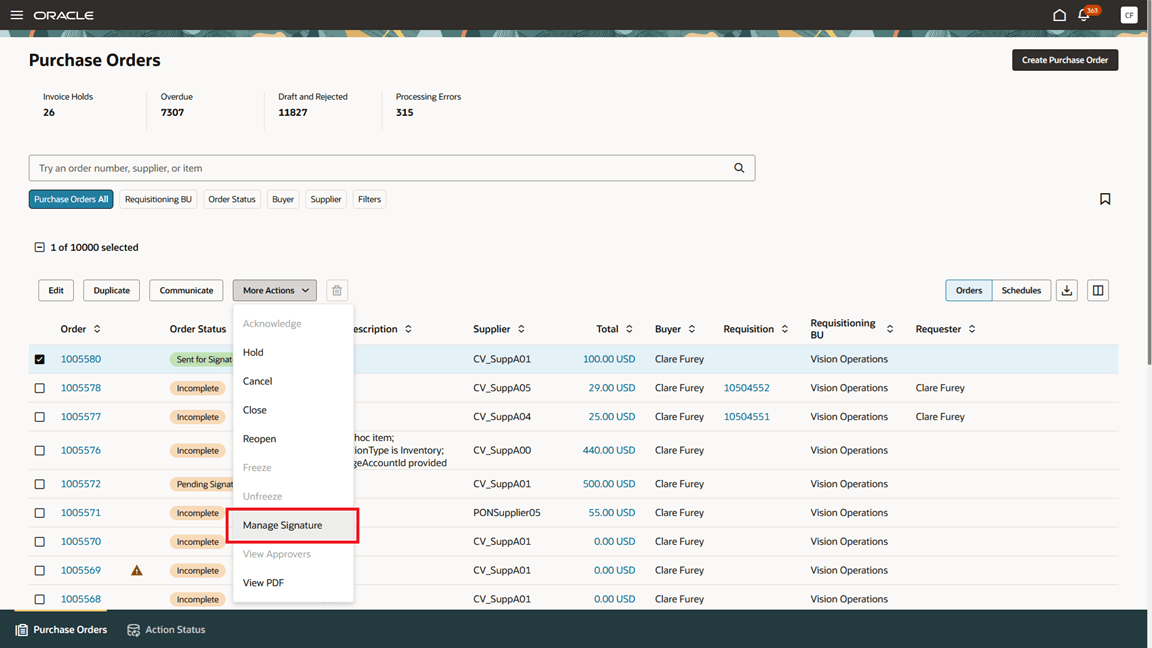 シグネチャ用に送信された購買オーダーの管理