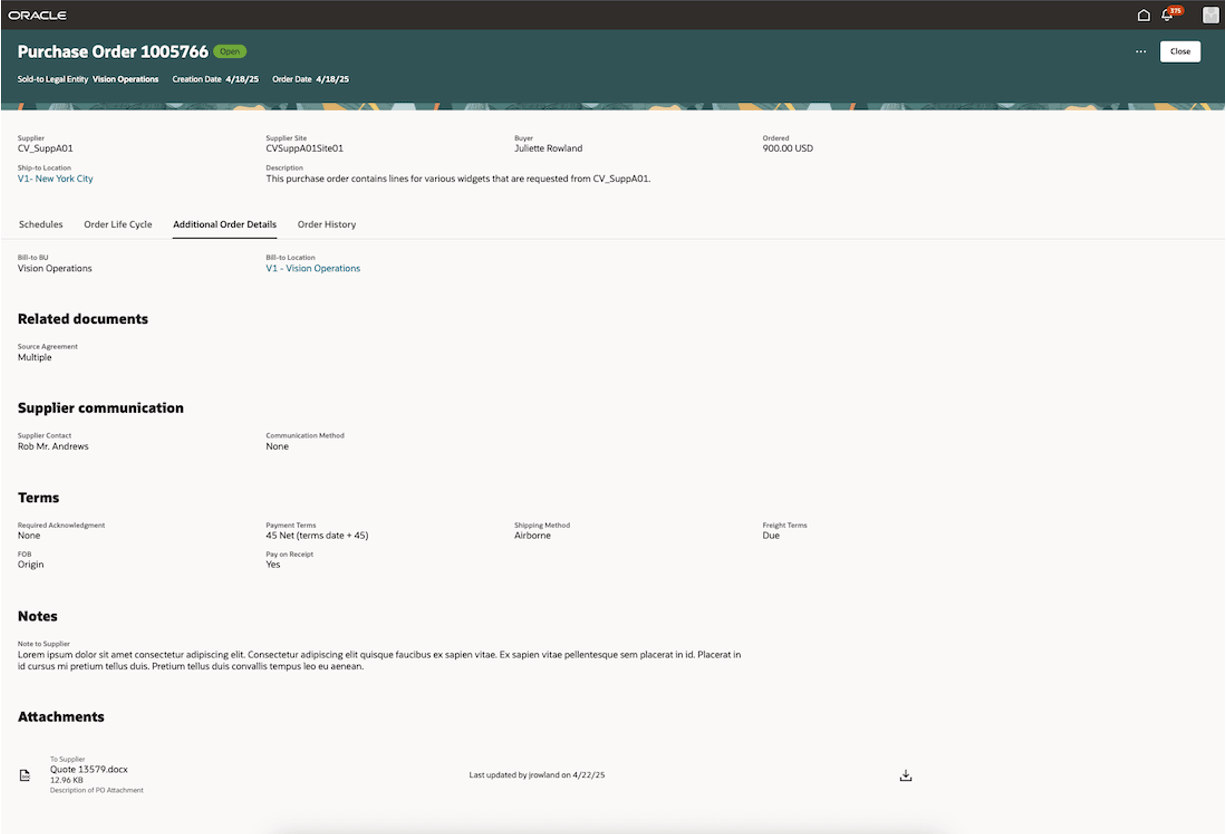 購買オーダーの表示 - 追加オーダー詳細