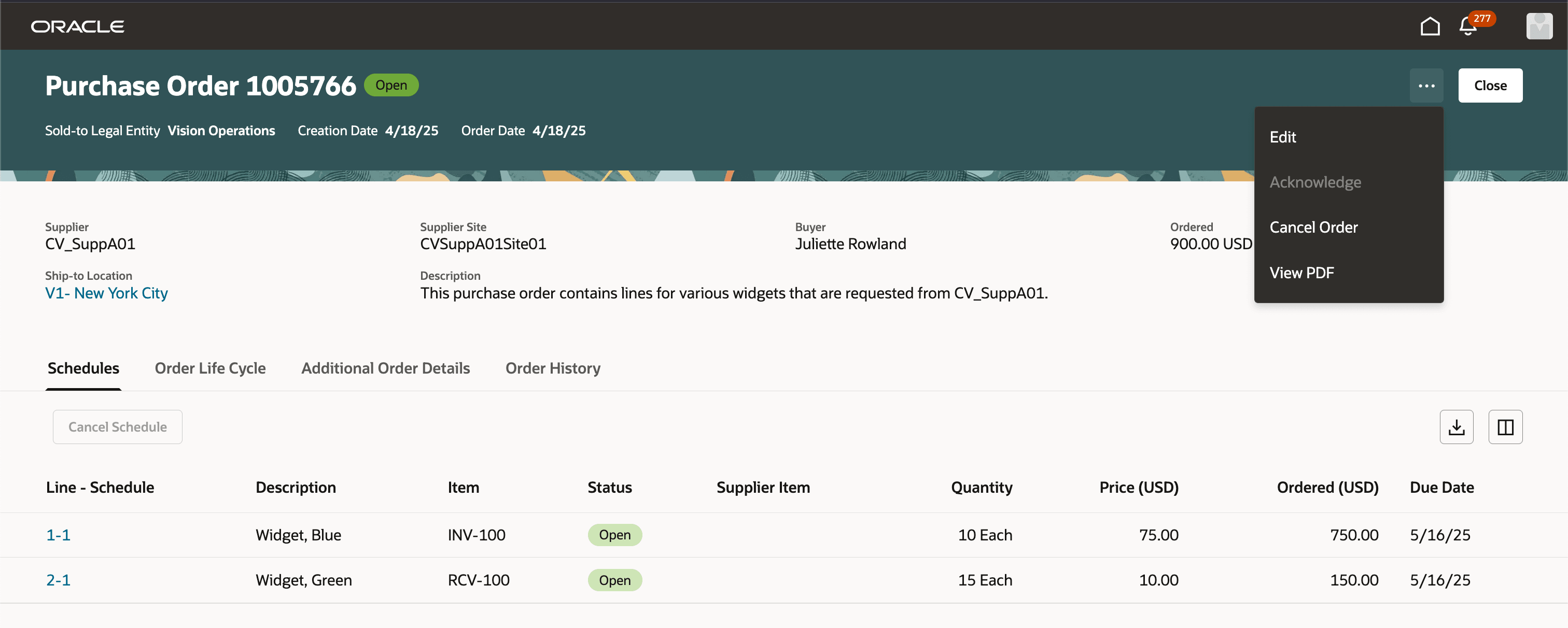 購買オーダーの表示 - 使用可能な文書処理
