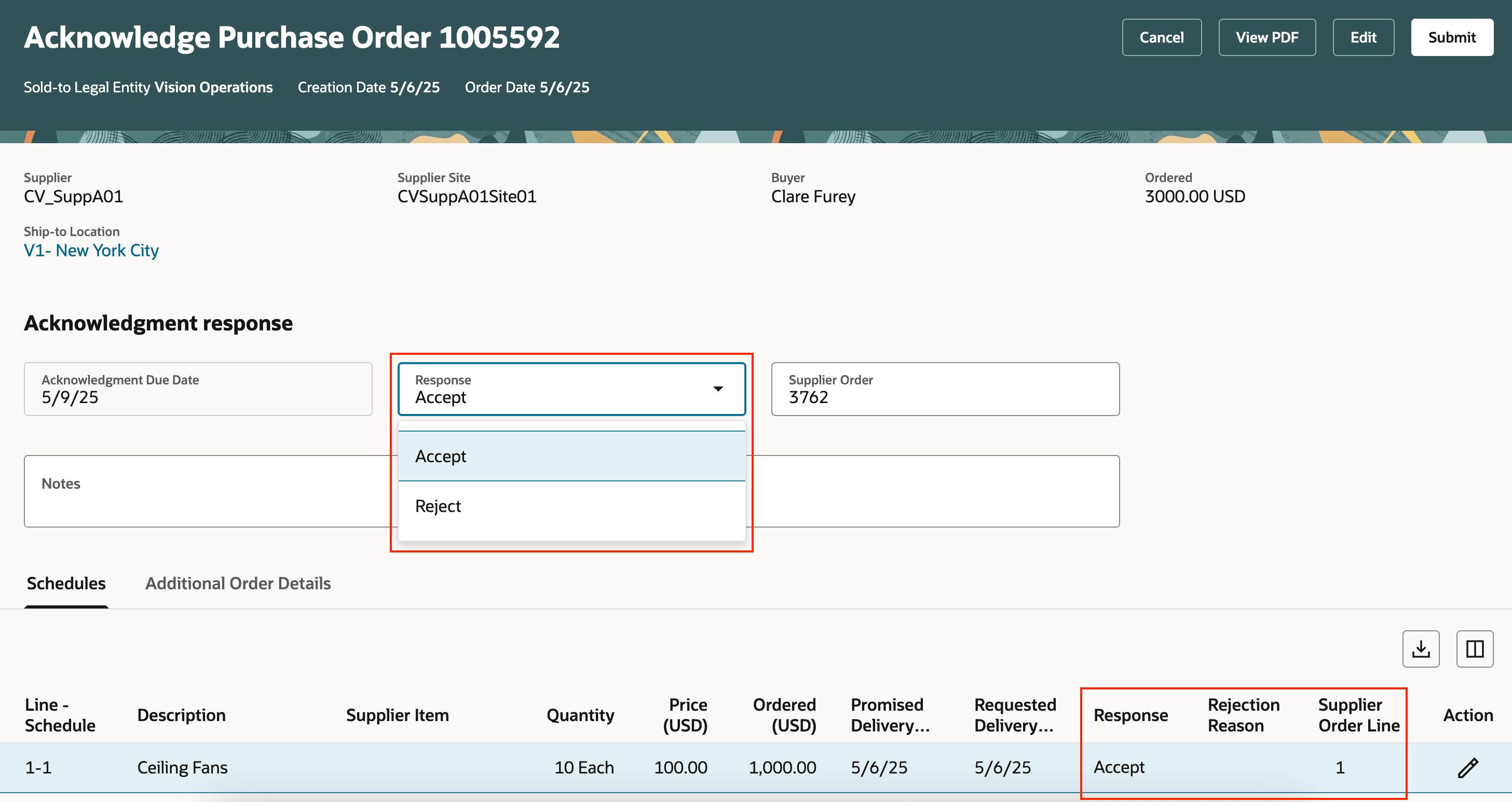 ヘッダーおよびスケジュールへの応答