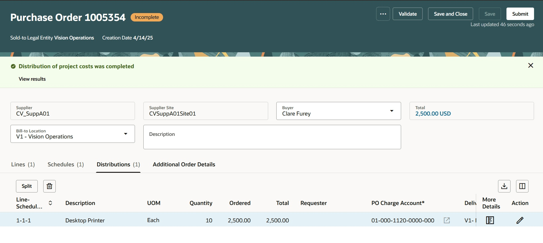 プロジェクト・コストの配分結果の表示