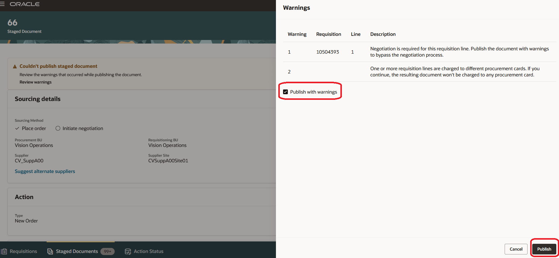 警告ありのステージング文書の公開