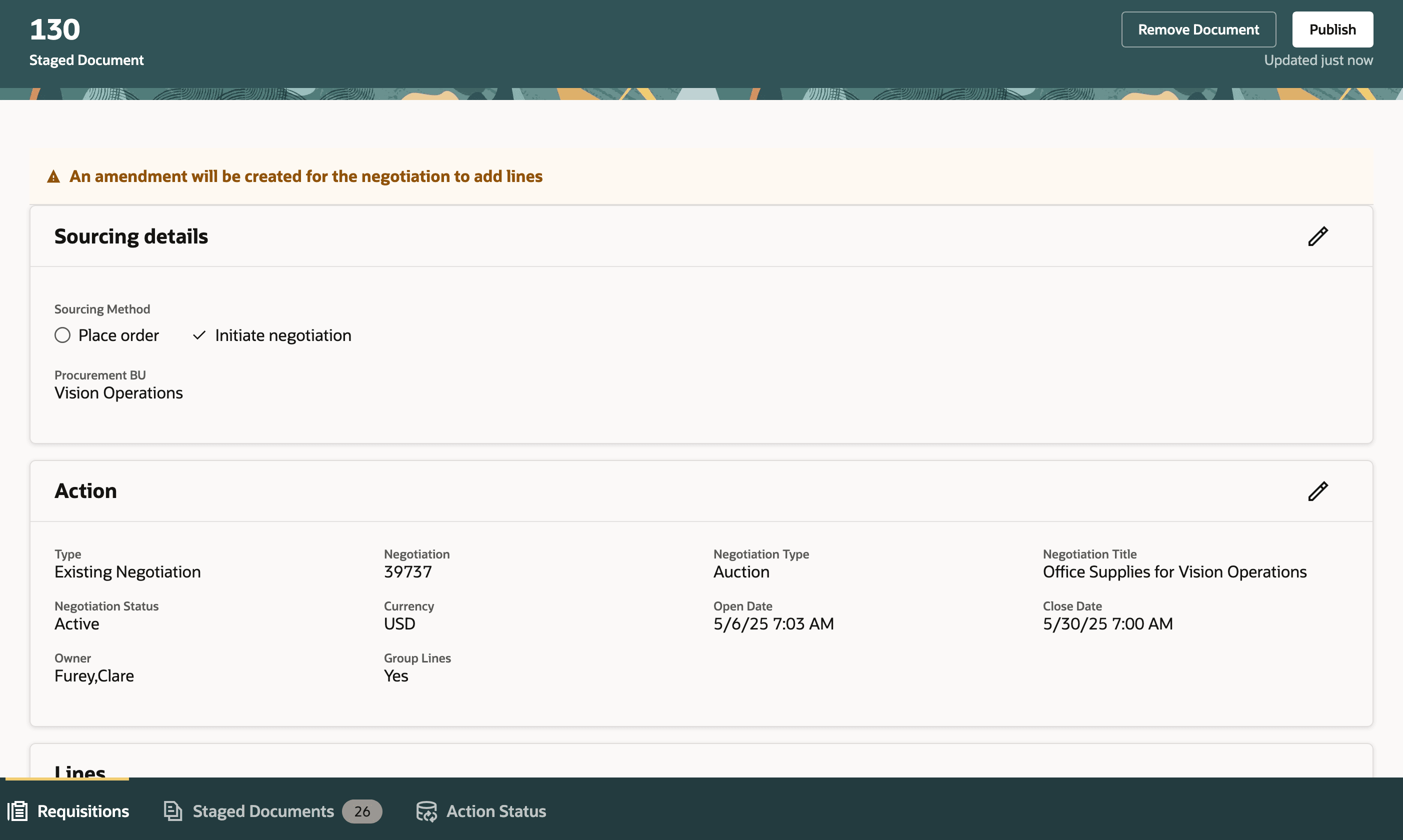 既存のネゴシエーションに明細を追加するためのステージング済文書