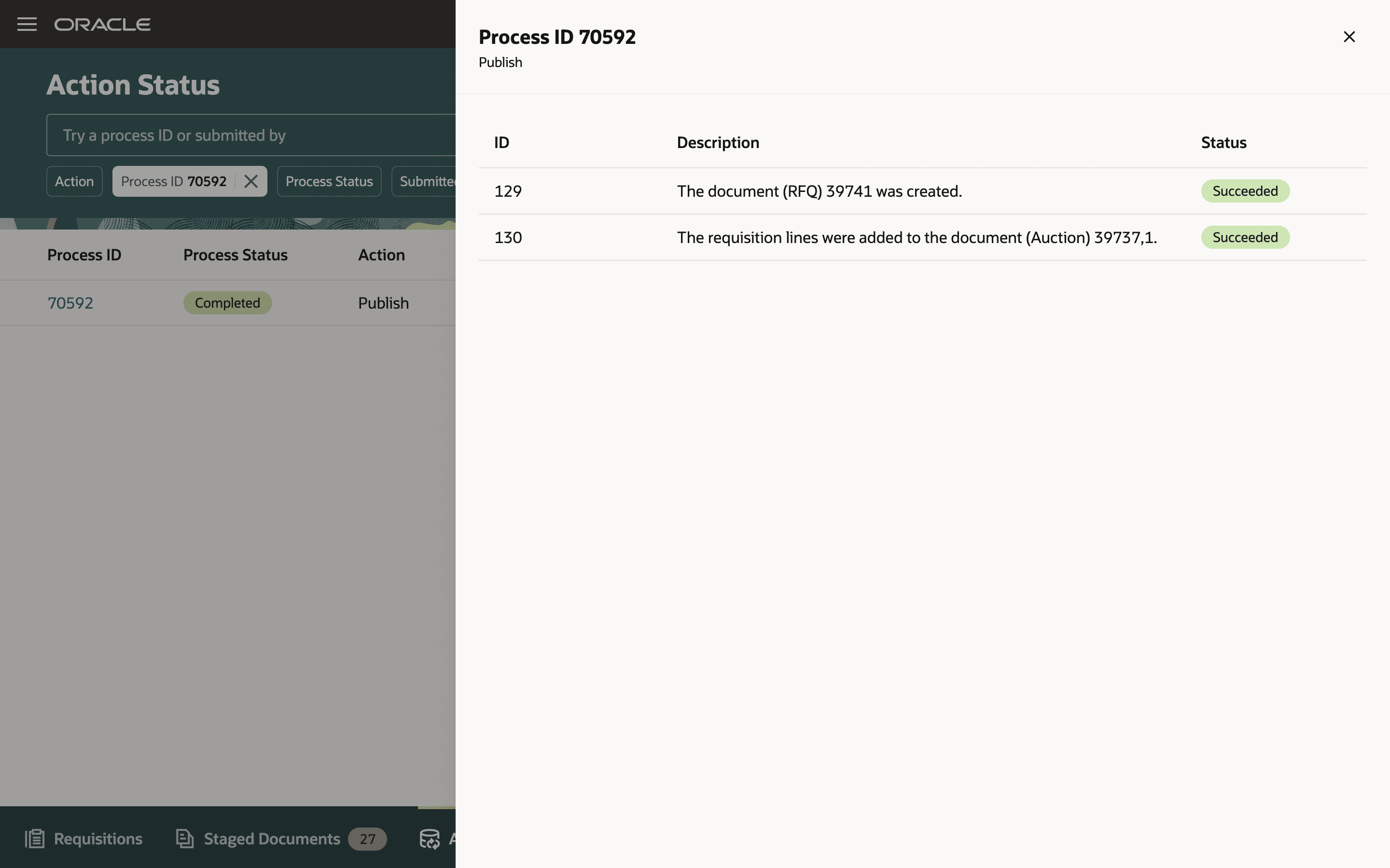 処理ステータス・ページでのプロセス・ステータスおよび結果の表示